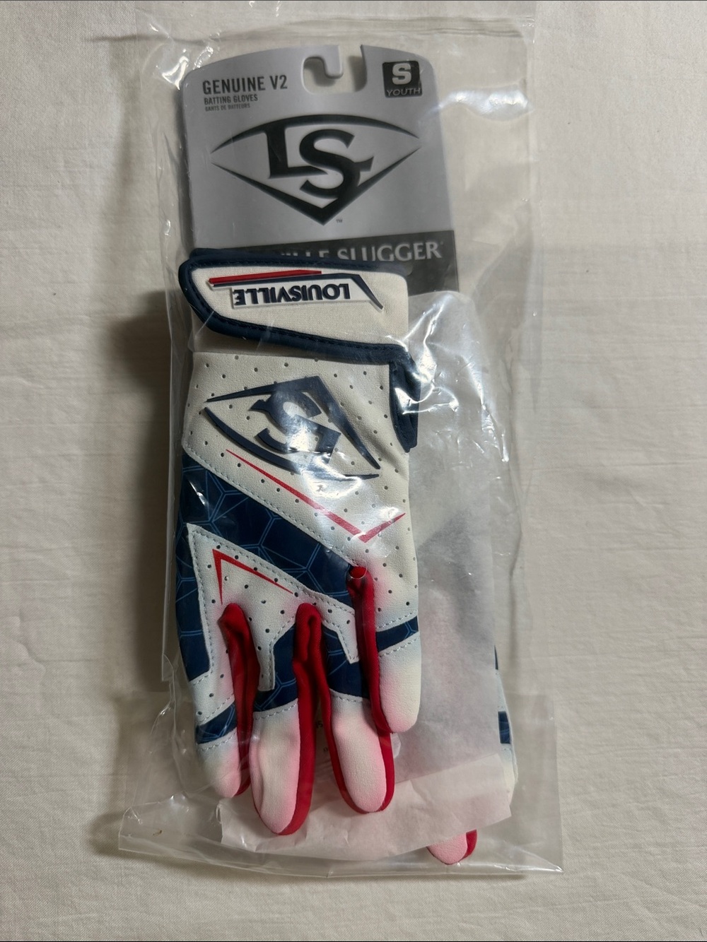 Louisville Slugger Kids Batting Gloves in White/Navy/Red